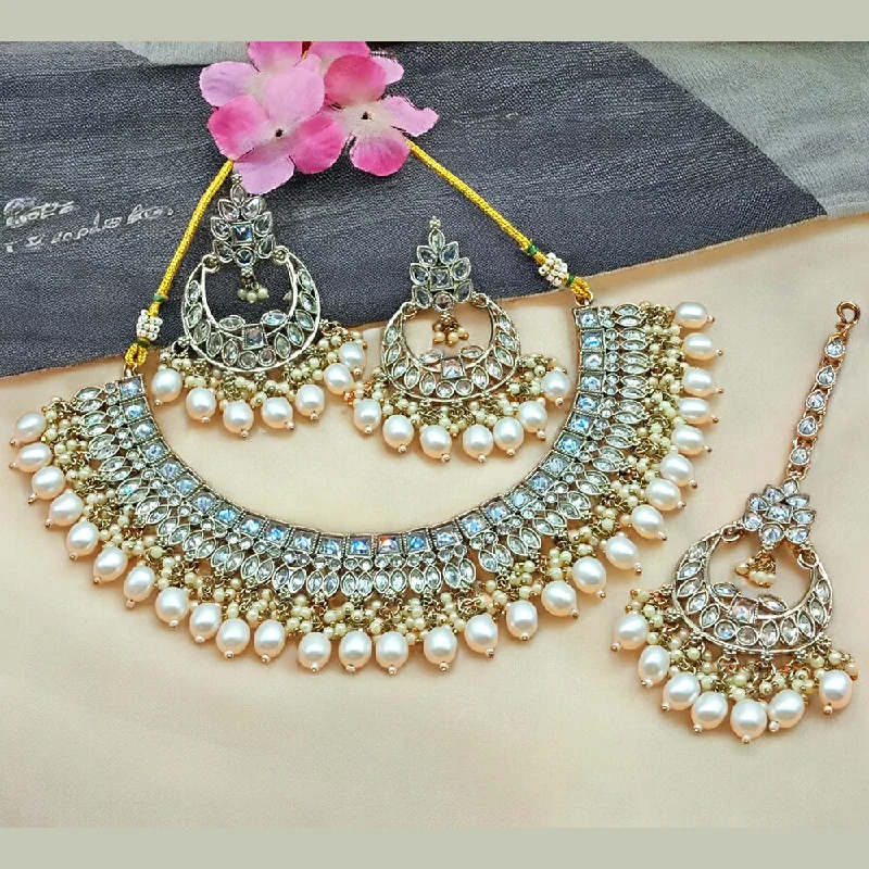 ladies choker necklaces-Gehana Mahal Gold Plated Crystal Stone Pearl And Beads Necklace Set