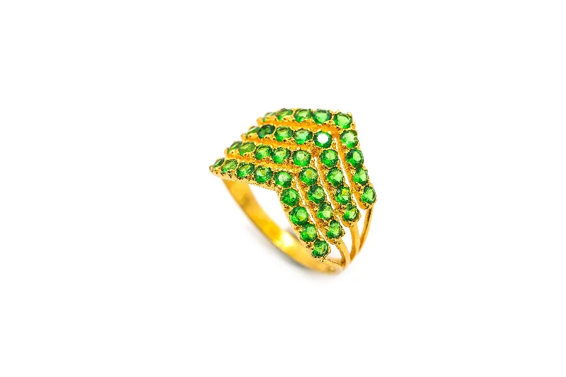 ladies pearl rings-22K Yellow Gold Ring W/ Emeralds & Layered Arrow Design