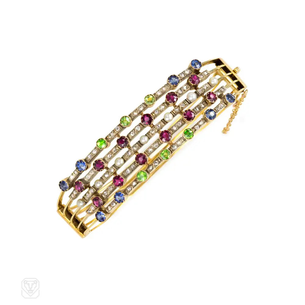 ladies textured bracelets-Antique multigem harem bracelet