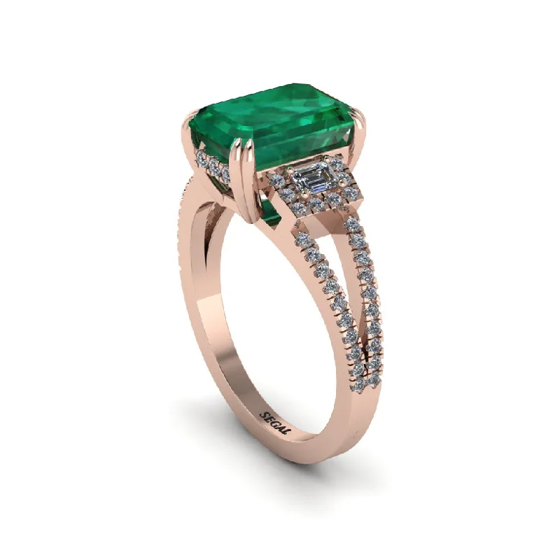 princess cut engagement rings for ladies-Split Shank Emerald Cut Emerald Designer Engagement Ring - Ursula No. 5