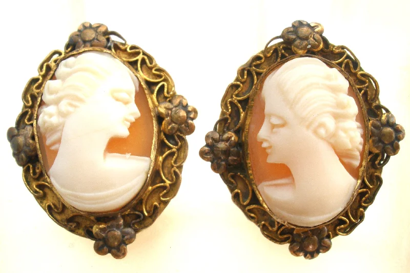 ladies large hoop earrings-12K Gold Filled Cameo Earrings Vintage