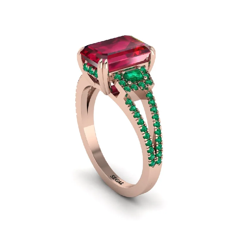 custom moissanite engagement rings for ladies-Split Shank Emerald Cut Ruby Designer Engagement Ring - Ursula No. 26