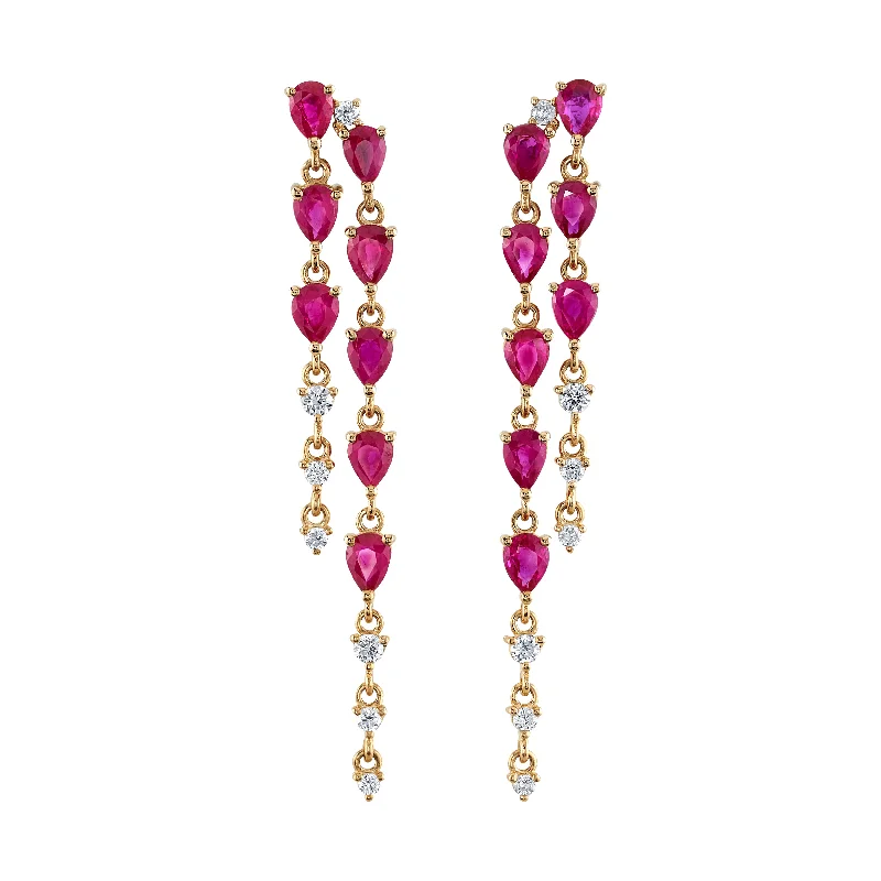 ladies everyday earrings-Ruby Diamond Drop Earrings, Pair