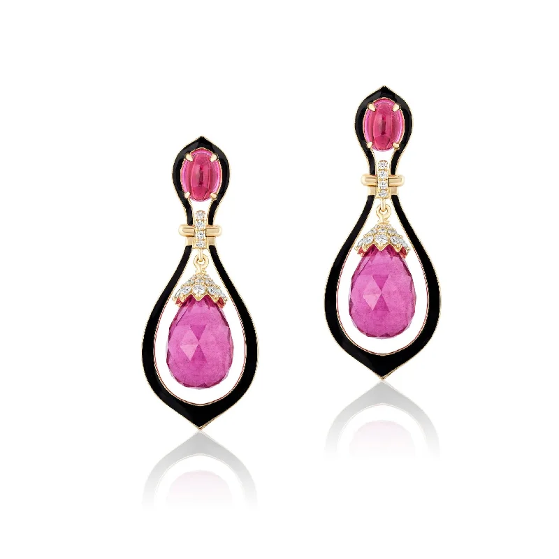 ladies pearl drop earrings-Carved Rubilite Earrings with Enamel