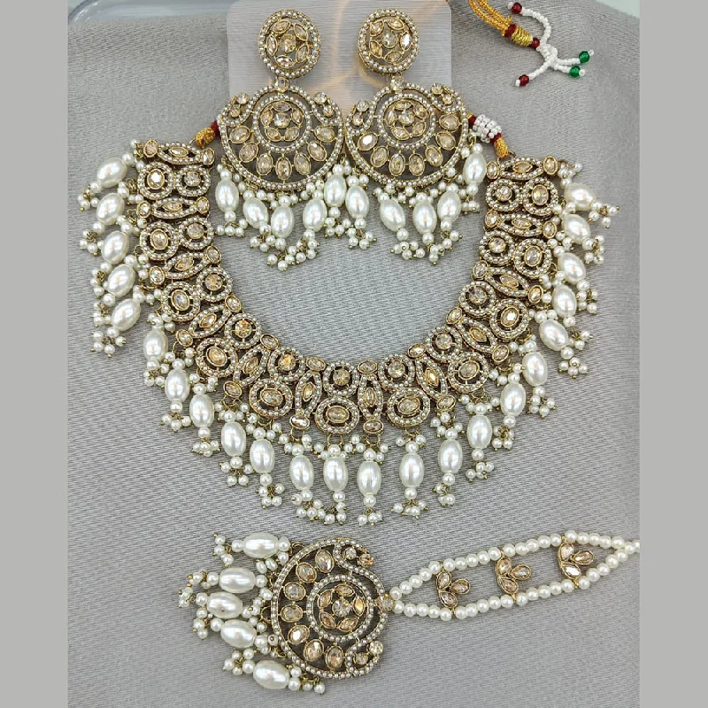 ladies romantic necklaces-Rani Sati Jewels Gold Plated Crystal and Pearl Necklace Set