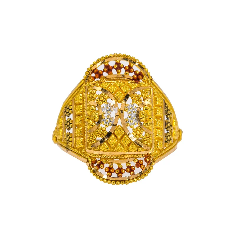 ladies diamond halo rings-22K Yellow Gold Women's Ring W/ Beaded Filigree, Meenakari Details & Crowned Accents