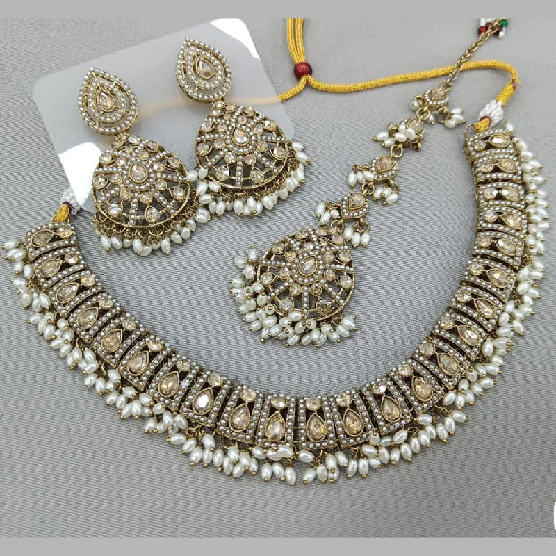 ladies statement pendant necklaces-Rani Sati Jewels Gold Plated Crystal and Pearl Necklace Set