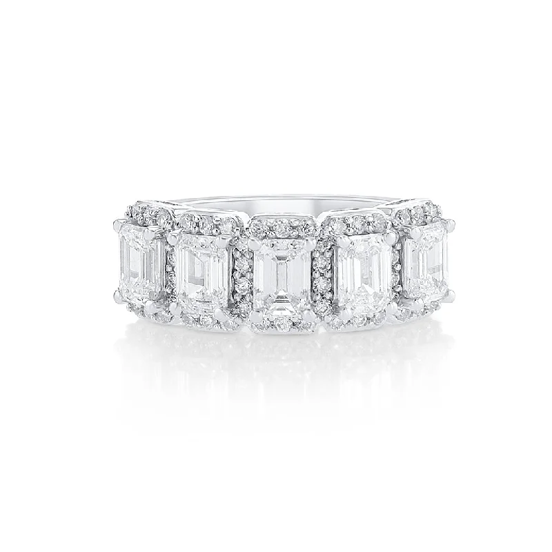 ladies silver engagement rings-2.00 Cttw Emerald Cut and 0.40 Cttw Halo 14K White Gold Anniversary Band