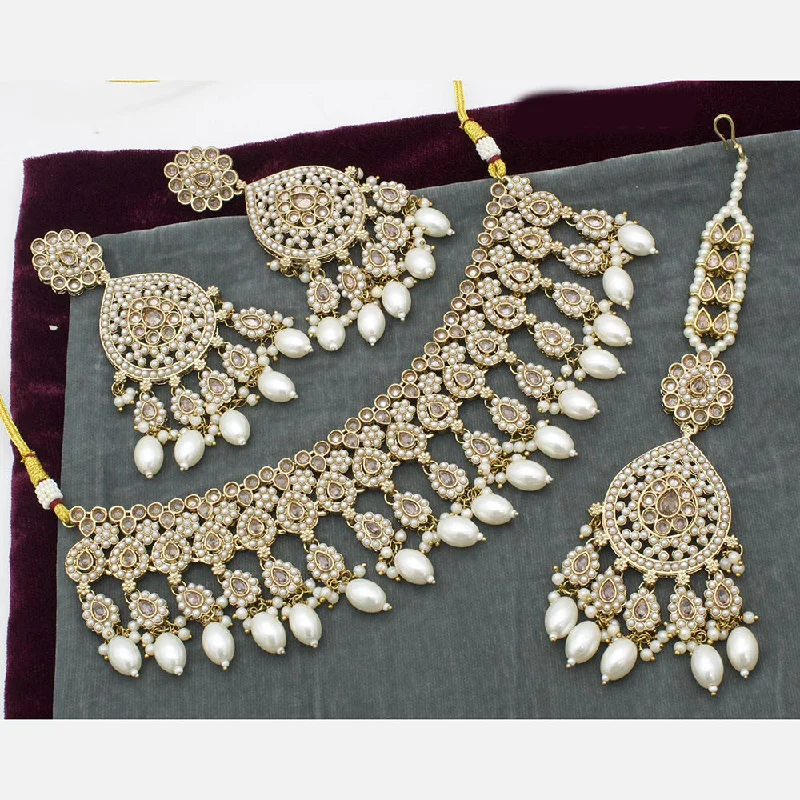 ladies handcrafted necklaces-India Art Gold Plated Pota Stone And Pearl Necklace Set