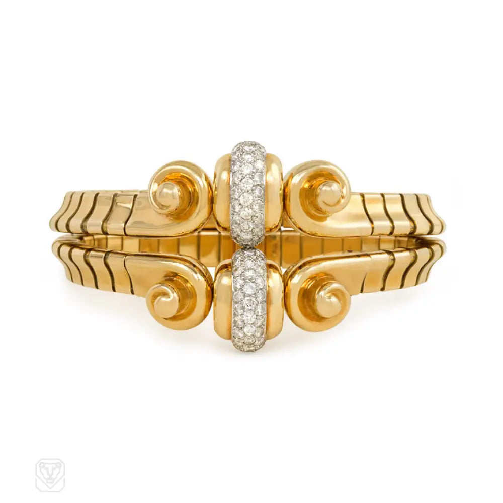 ladies stackable bangles-Retro gold and diamond bracelet, Mauboussin