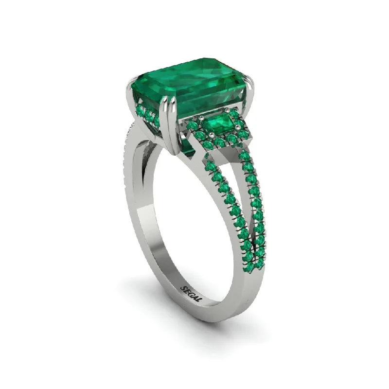 stackable diamond engagement rings for ladies-Split Shank Emerald Cut Emerald Designer Engagement Ring - Ursula No. 21