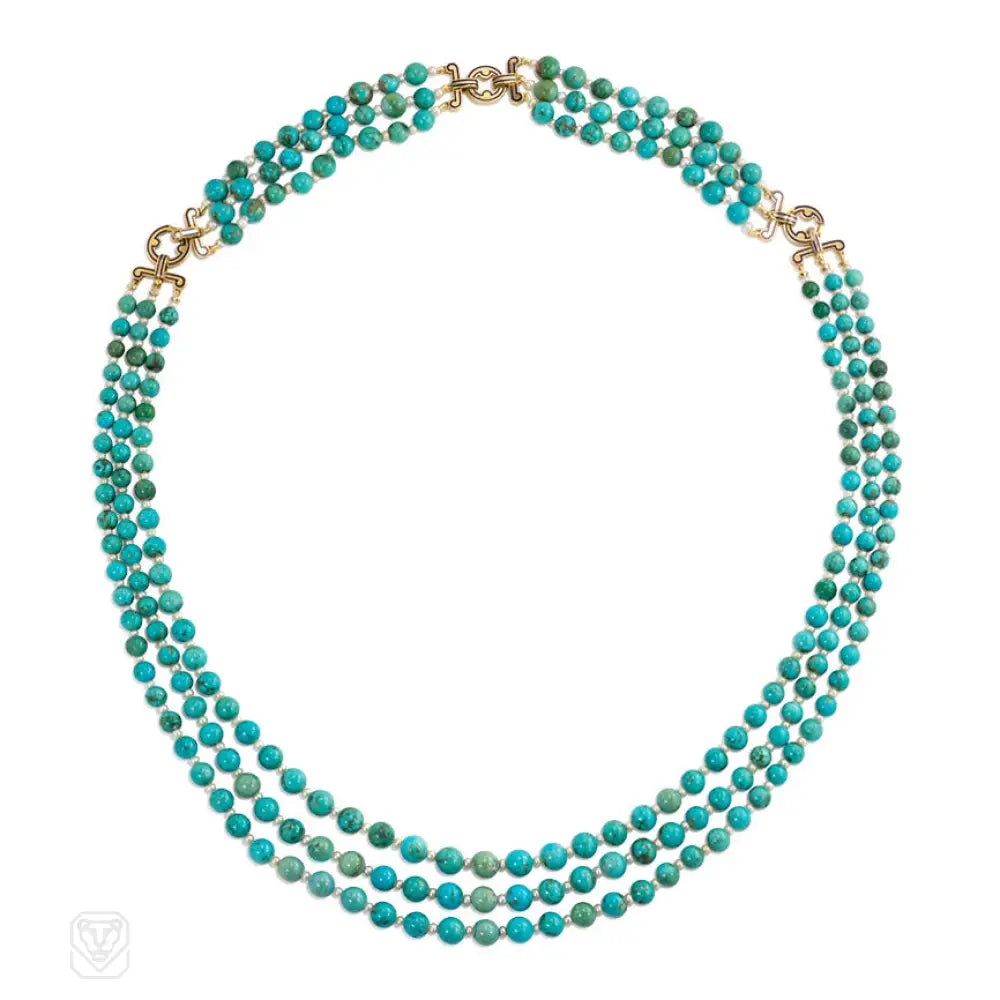 ladies gold bracelets-Art Deco turquoise and pearl necklace and bracelet suite, Cartier