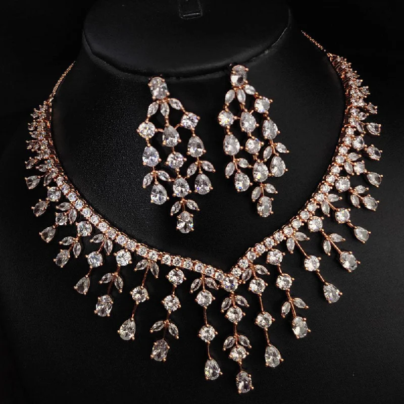 ladies rose gold chain necklaces-Aamrapali Rose Gold  Plated AD Necklace Set