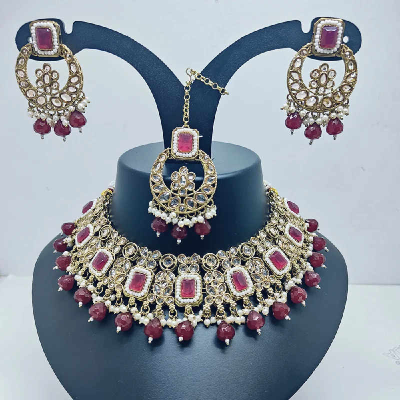 ladies long statement necklaces-Palak Art Gold Plated Crystal Stone And Pearls Choker Necklace Set