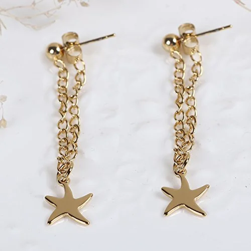 ladies handcrafted earrings-SEXY SPARKLES stainless steel Starfish Dangling Chain stud earrings for girls teens women Hypoallergenic