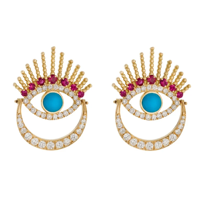 ladies two-tone earrings-Diamond Ruby Evil Eye Earrings