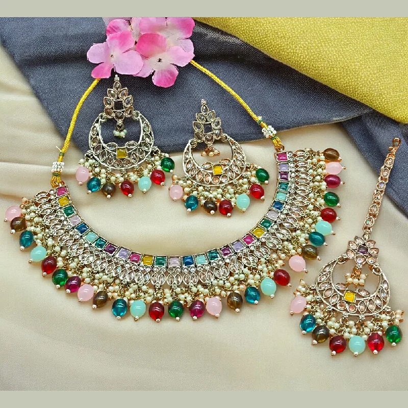 ladies black necklaces-Gehana Mahal Gold Plated Crystal Stone Pearl And Beads Necklace Set