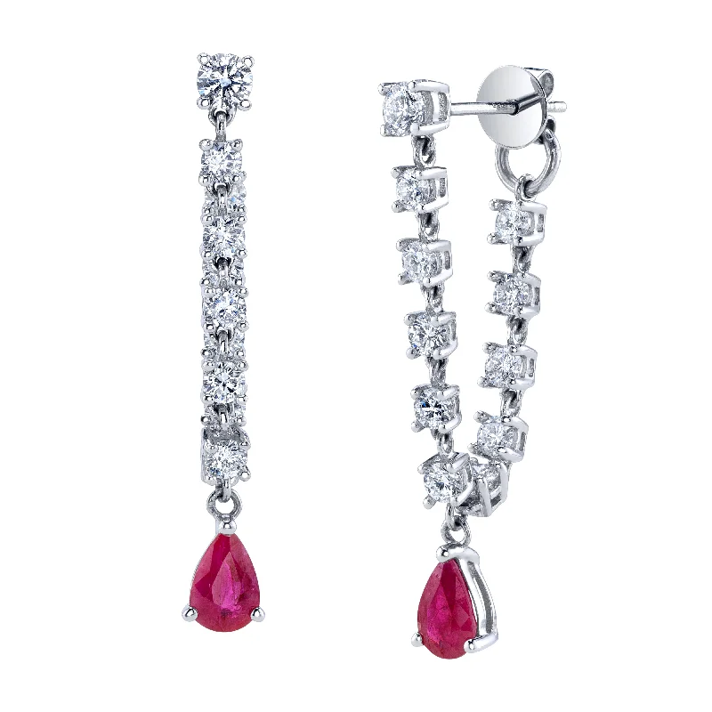 ladies gold stud earrings-Diamond Dangle Earrings with Ruby Drop