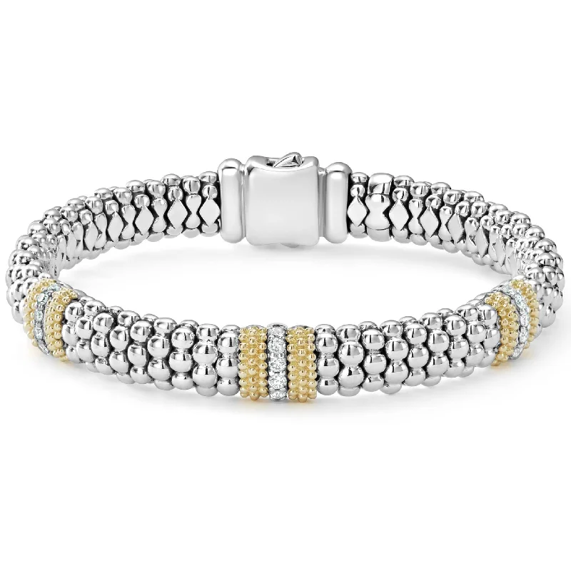 ladies cuff bracelets-Caviar Lux Three Station Diamond Caviar Bracelet | 9mm