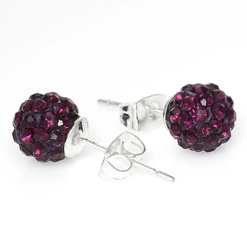 ladies teardrop earrings-8mm Dark Purple Rhinestones Crystal Fireball Disco Ball Pave Bead Stud Earrings