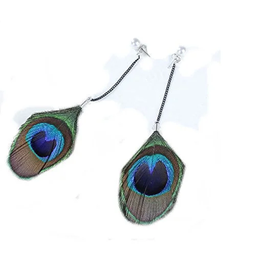 ladies round earrings-Sexy Sparkles Womens Teens Girls Bohemian Peacock Feather Stud Dangling Long Earrings