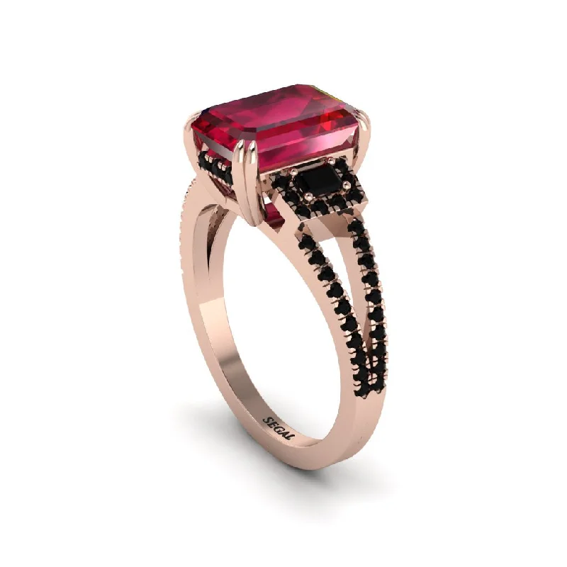 unique ladies engagement rings-Split Shank Emerald Cut Ruby Designer Engagement Ring - Ursula No. 41