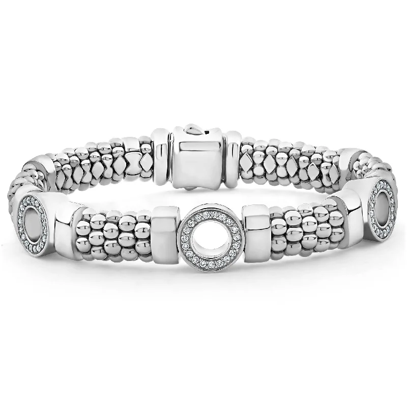 ladies charm bracelets-Caviar Spark Three Station Diamond Circle Caviar Bracelet | 9mm