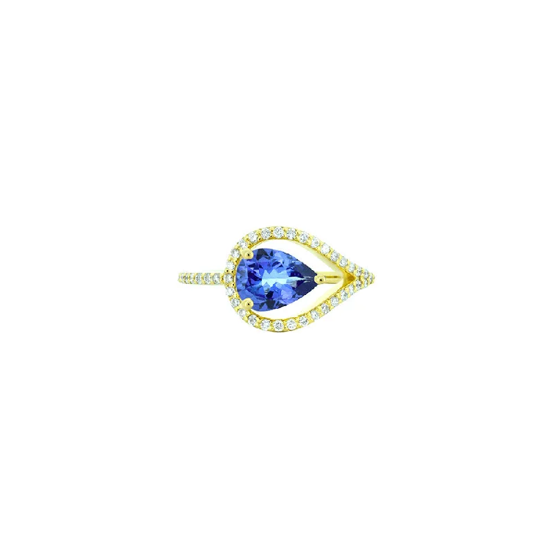 ladies birthday rings-18 Karat Yellow Gold open ring with Pear shape Tanzanite and diamonds