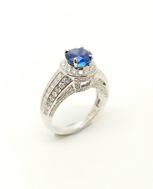 ladies large rings-Round Blue  Sapphire And Diamond Ring In 18k White Gold(AD NO 2786)