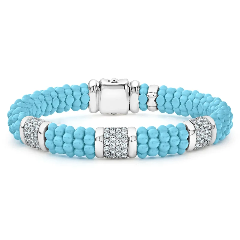 ladies gemstone bracelets-Blue Caviar Three Station Ceramic Diamond Bracelet | 9mm