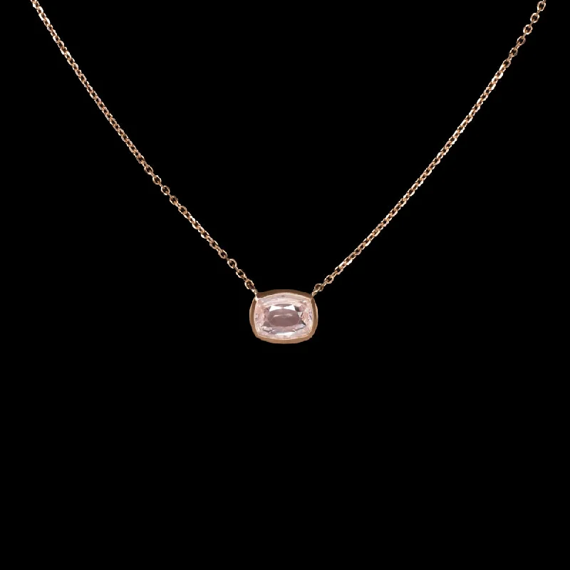 ladies collar necklaces-PEACH SAPPHIRE PENDANT NECKLACE CUSHION BEZEL EAST WEST 14k ROSE GOLD 1.23ct