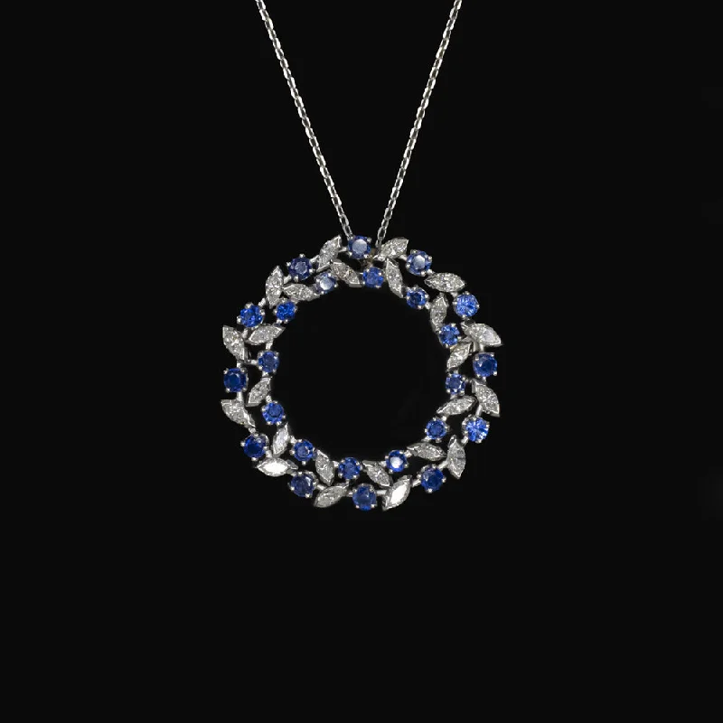 ladies adjustable necklaces-VINTAGE DIAMOND SAPPHIRE WREATH PENDANT NECKLACE PLATINUM MID CENTURY 3.10ct