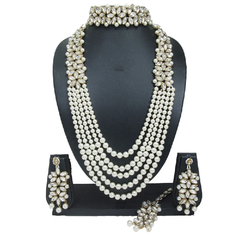 ladies wedding necklaces-Lucentarts Jewellery Gold Plated Crystal Stone And Pearls Double Necklace Set