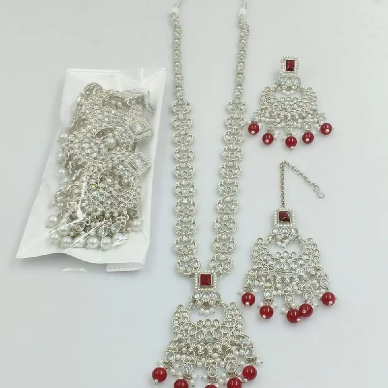 ladies heart-shaped necklaces-Kavita Art Silver Plated Crystal Stone And Pearls Long Necklace Set    (1 Piece Only)