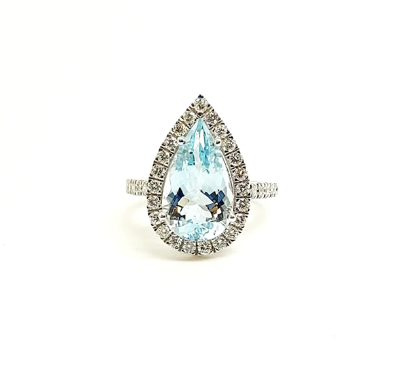 ladies adjustable size rings-Pear Cut Aquamarine and Diamond Halo Cocktail Ring in 14k White Gold