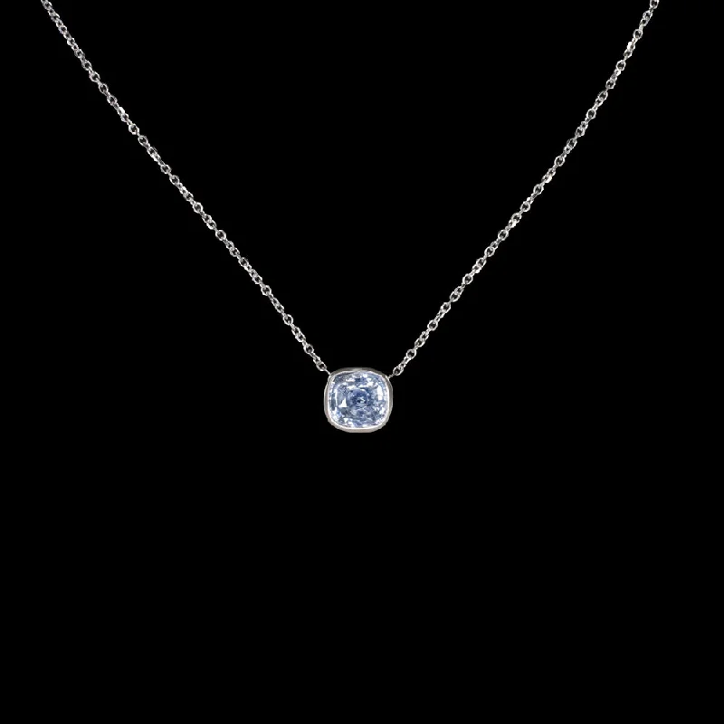 ladies colorful gemstone necklaces-LIGHT BLUE SAPPHIRE PENDANT NECKLACE CUSHION SHAPE BEZEL 14k WHITE GOLD 1.5ct