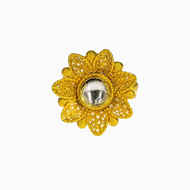 ladies custom engagement rings-22K Yellow Gold Adjustable Ring W/ Kundan & Bloomed Faceted Flower