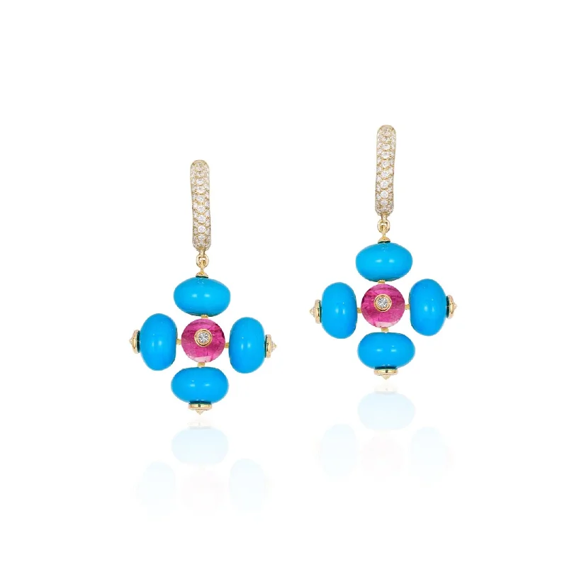 ladies chandelier earrings-Turquoise Rubelite Bead Diamond Drop Earrings