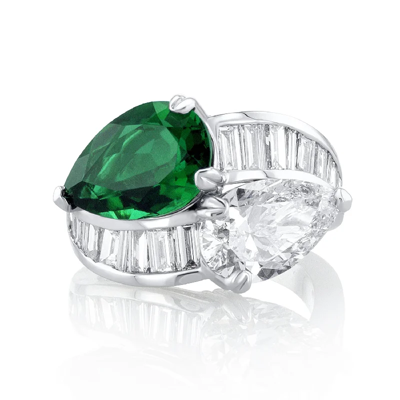 ladies everyday rings-3.01 Carat Pear Emerald & 3.70 Carat Pear Diamond Lab Grown Ring in 14 K White Gold