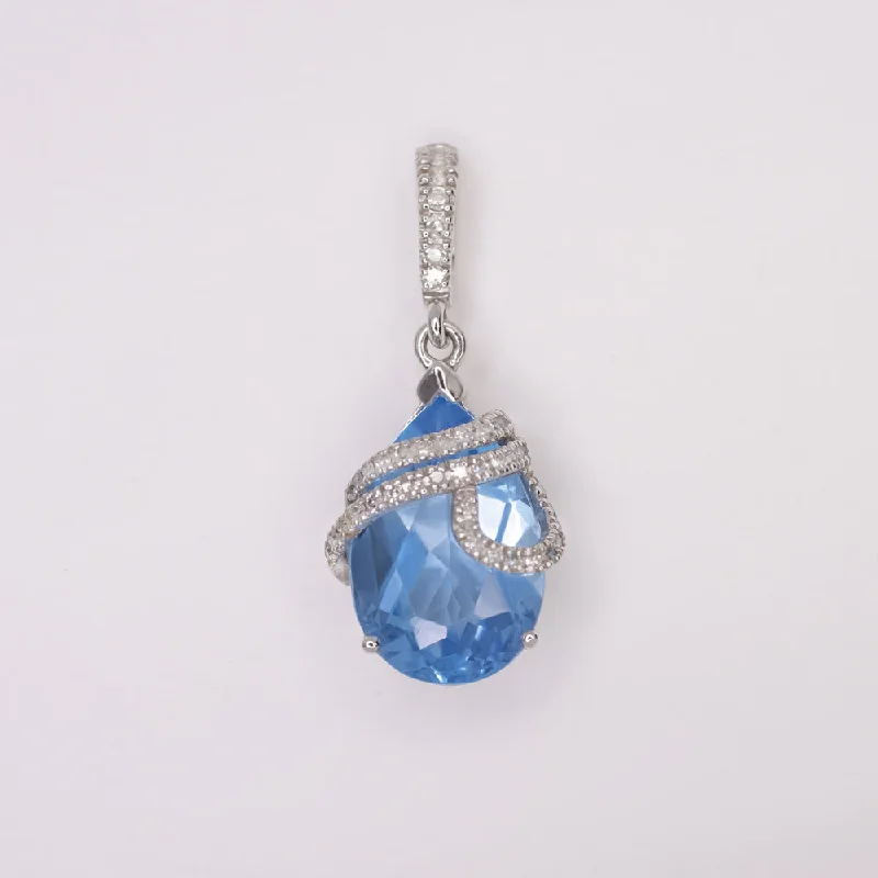 ladies blue sapphire necklaces-BLUE TOPAZ DIAMOND PENDANT WHITE GOLD NATURAL PEAR SHAPE TEARDROP NECKLACE