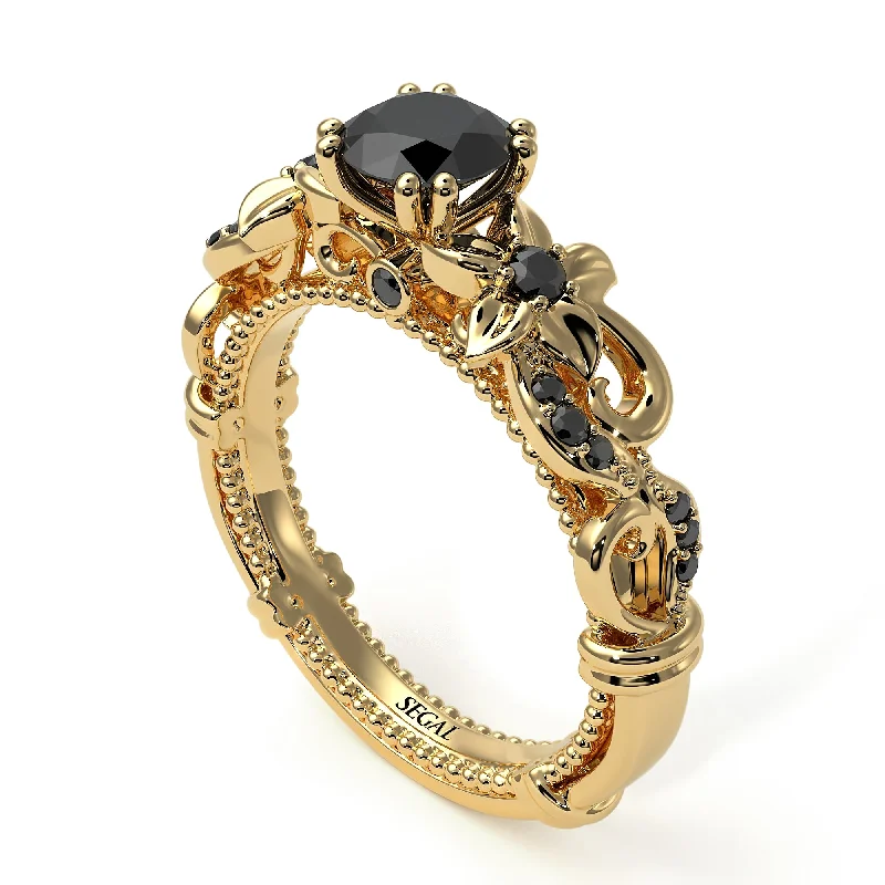 ladies engagement rings-Vintage Flower Openwork Gold Black Diamond Engagement Ring - Ann No. 37