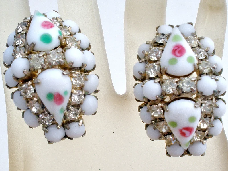 ladies opal earrings-White Milk Glass Rhinestone Pink Rose Earrings Vintage