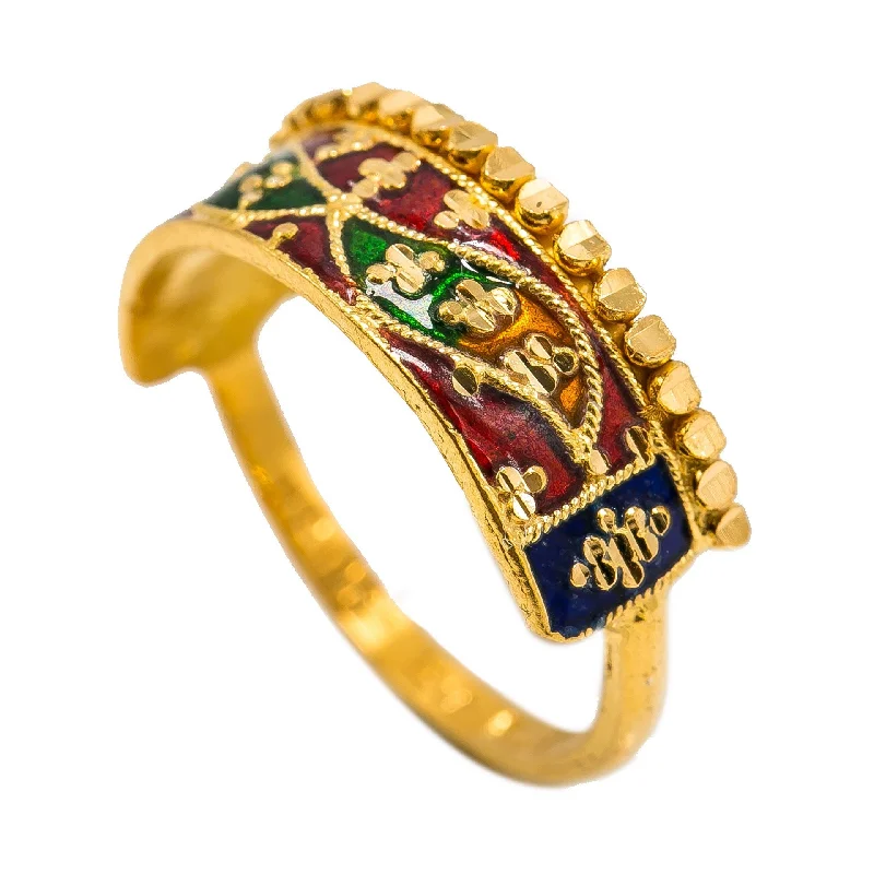 ladies minimal rings-22K Yellow Gold Enamel Ring W/ Crown Design & Mirror Wing Details