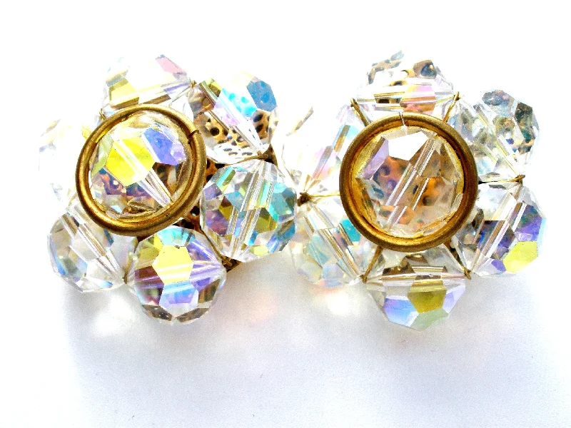 ladies small earrings-Large Aurora Borealis Crystal Cluster Bead Earrings Vintage