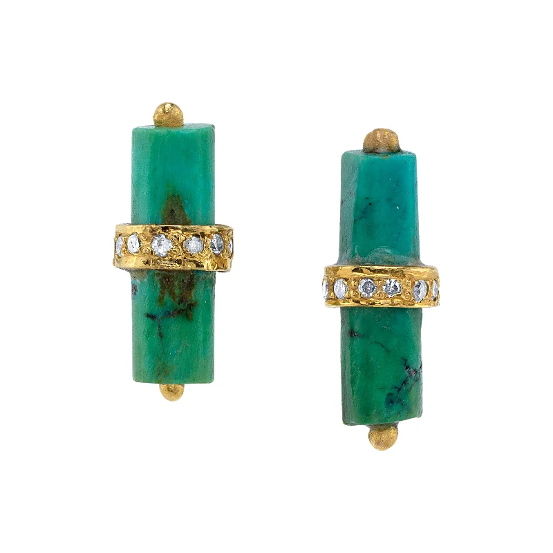 ladies glamorous earrings-Turquoise Barrel Diamond Bar Stud Earrings