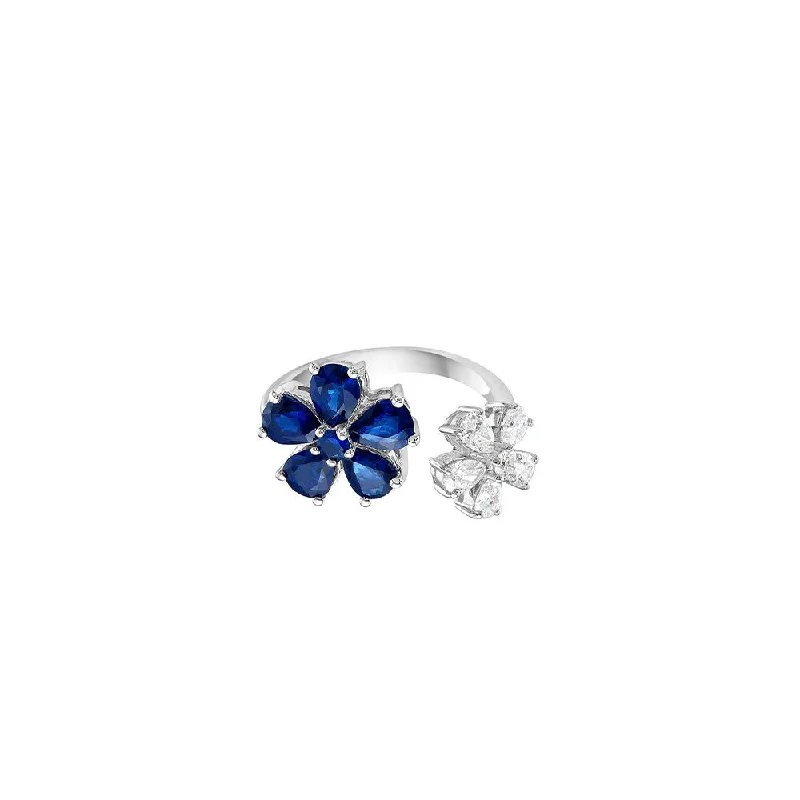 ladies handcrafted rings-18 Karat White Gold open ring with Sapphire and Diamond flowers