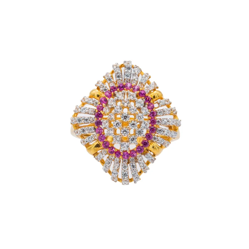 ladies contemporary rings-22K Yellow Gold CZ Shield Ring W/ Precious White & Purple Gemstones