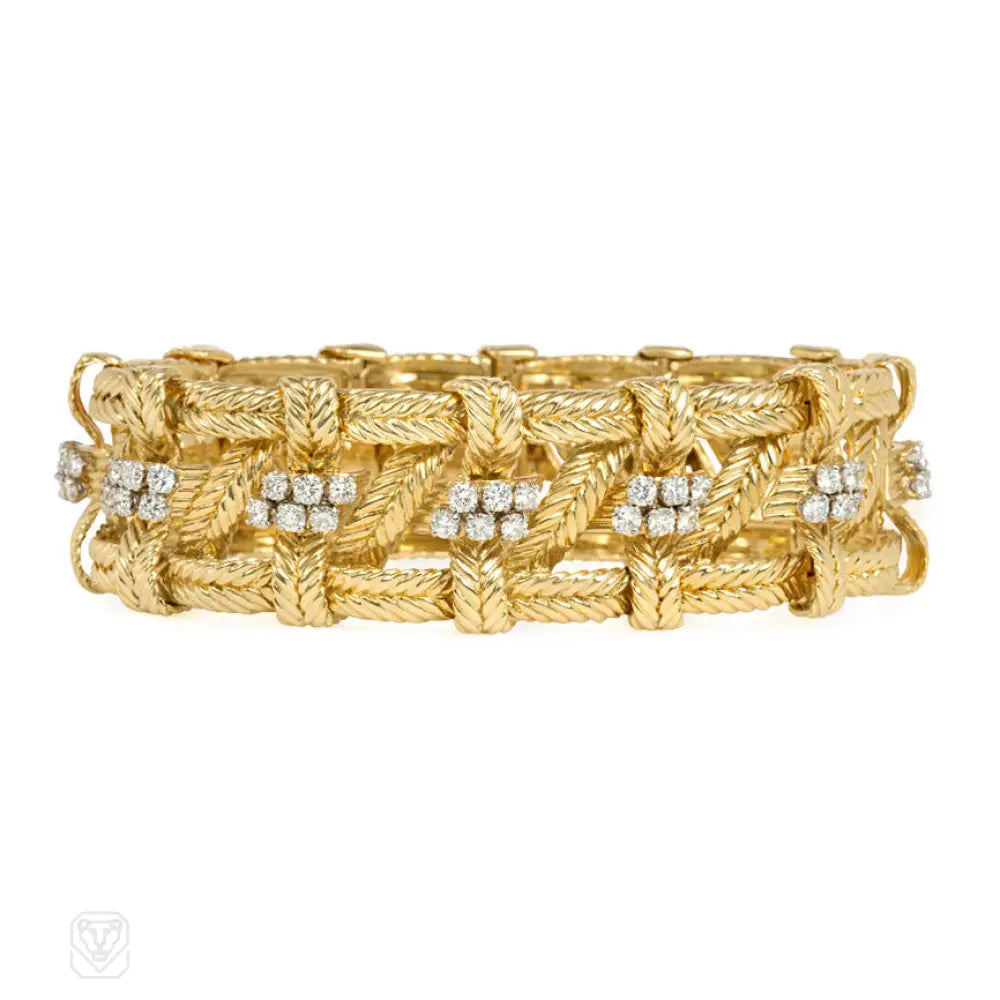 ladies gold bangles-Mid-century gold and diamond woven design bracelet