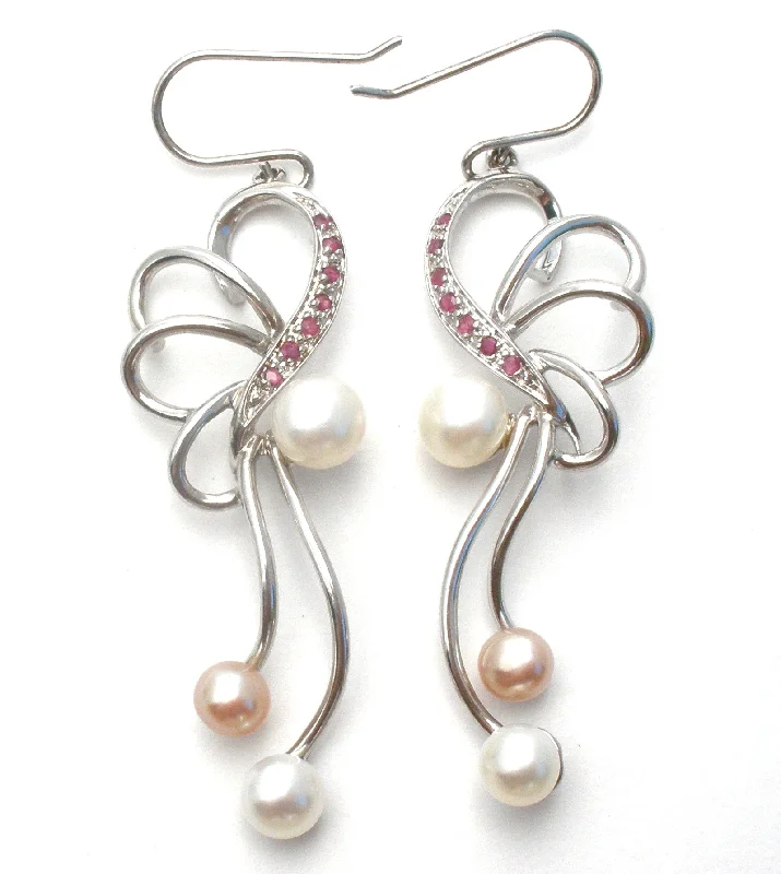 ladies bridal jewelry earrings-Pearl & Ruby Dangle Earrings Sterling Silver