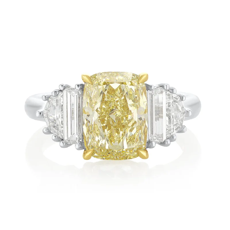 ladies personalized rings-3.00 Carat Fancy Light Yellow Cushion Diamond Ring GIA Certified set in Platinum and 18K Gold